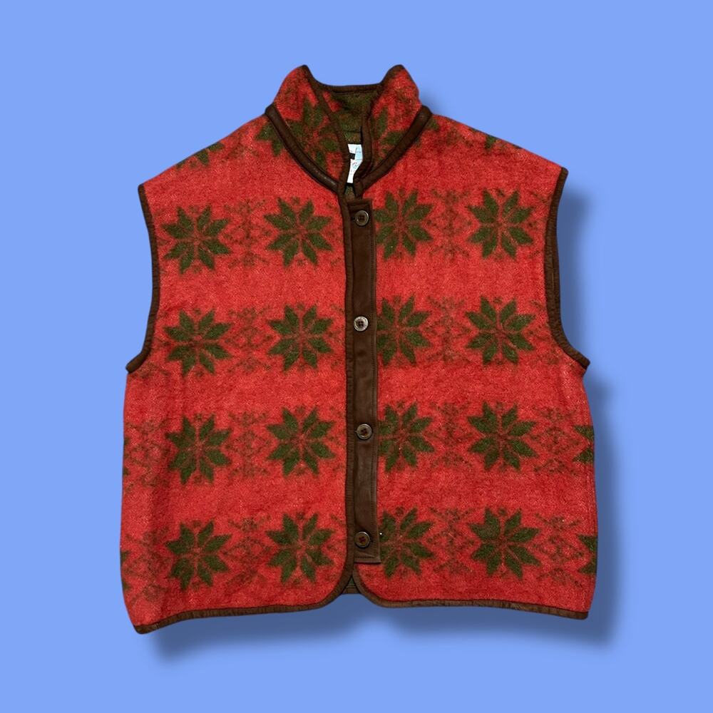 Vintage Norwegian Wool Vest Sleeveless Jacket Footprint Design Medium Red - Picture 1 of 14
